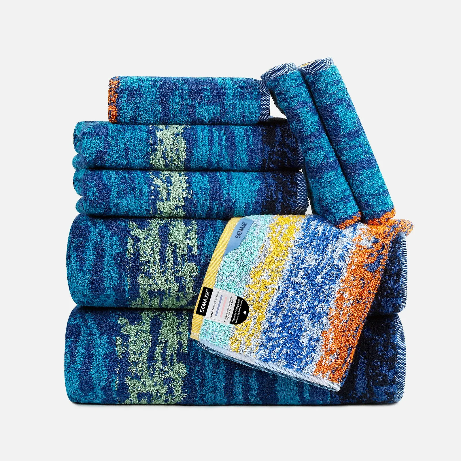 8-piece Combed Cotton Bath Towel Set with Artistic Pattern, Hanging Loop & Lifecycle Label