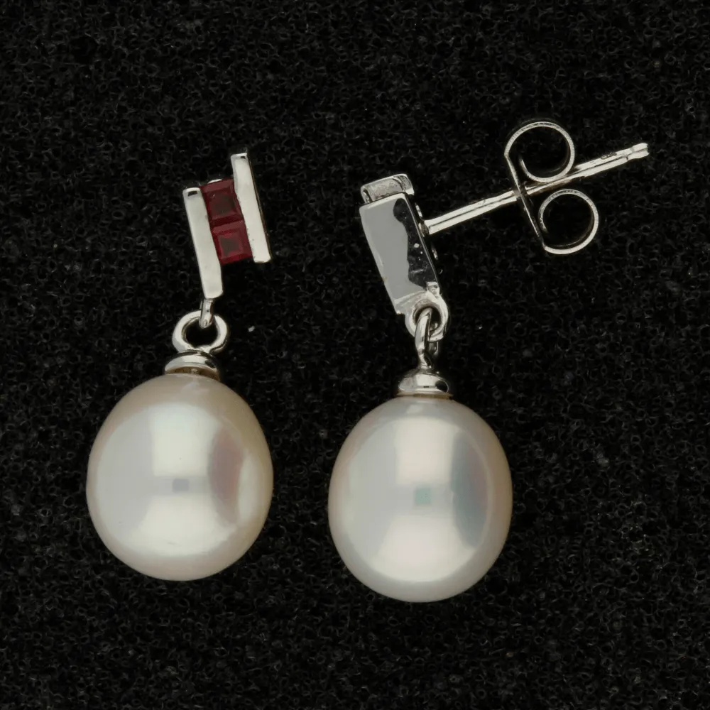 9ct White Gold Fresh Water Pearl & Ruby Drop Earrings