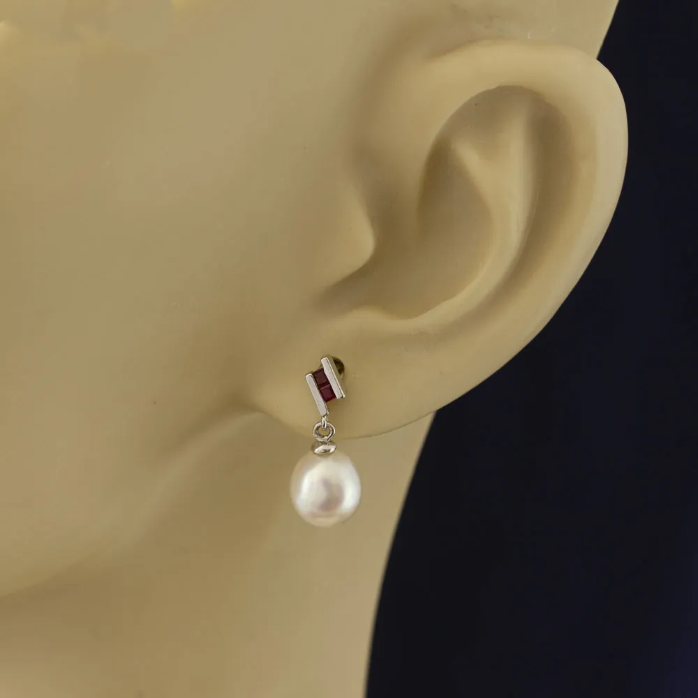 9ct White Gold Fresh Water Pearl & Ruby Drop Earrings