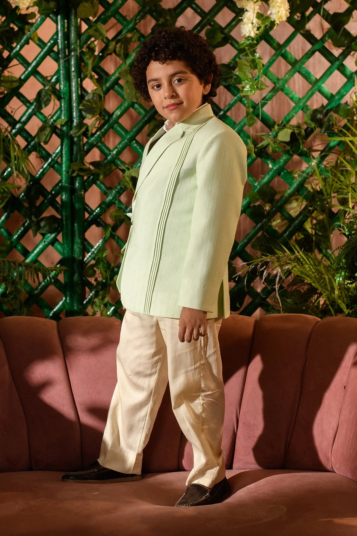 Afna  -  Pastel Green Blazer Paired With Vegan Silk  Trouser Set