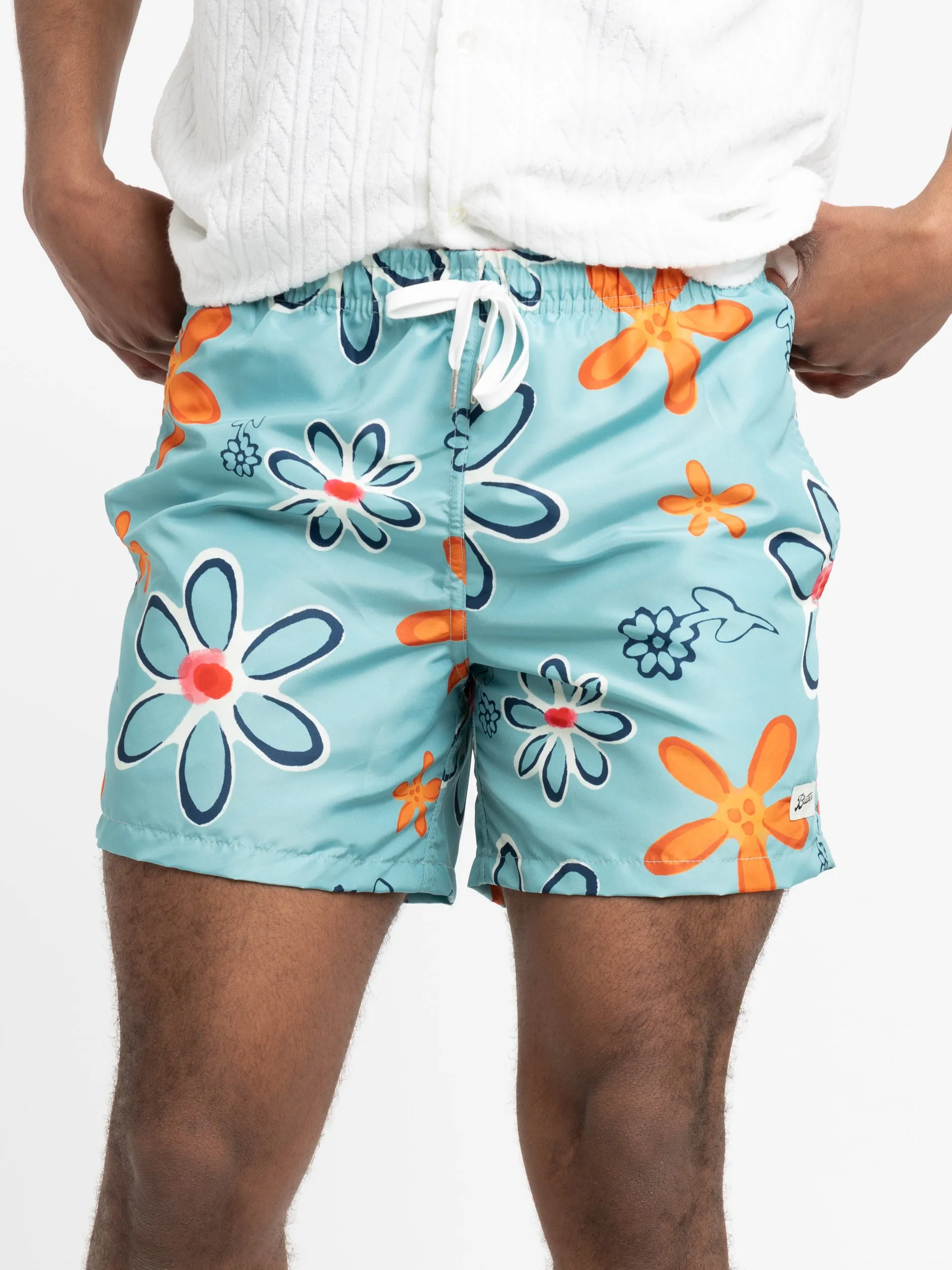 Aqua Blue Perennial Floral Swim Trunks