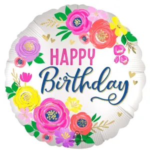 Artful Floral "Happy Birthday" Foil Balloon, 18 Inches, 1 Count