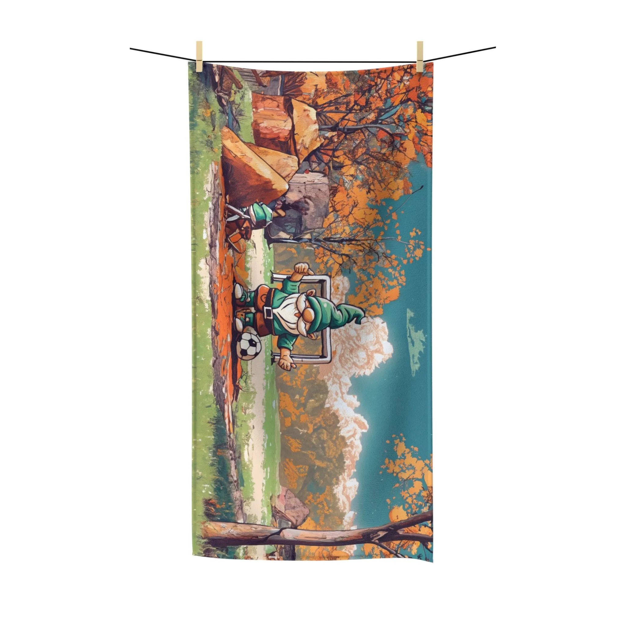 Beach Towel, Retro Gnome Playing Soccer, Polycotton Towel