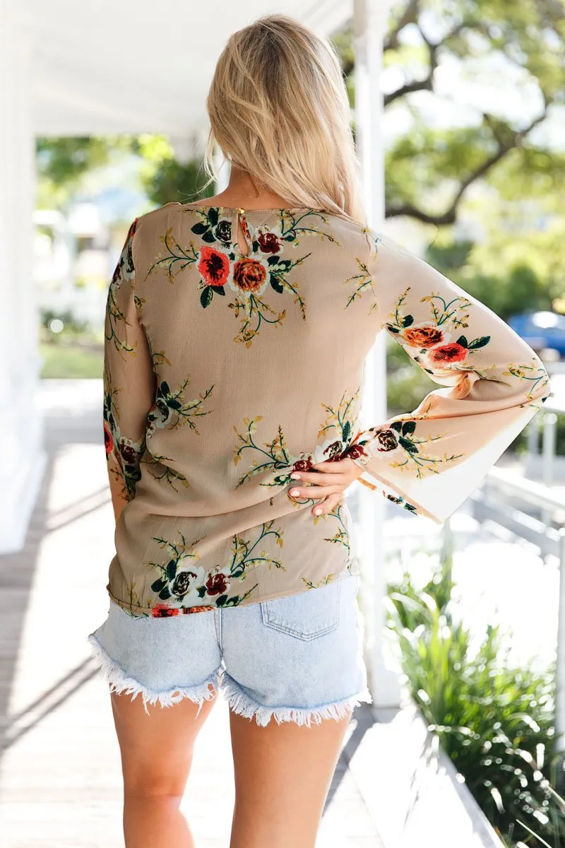 Beige Floral Bell Sleeve Top