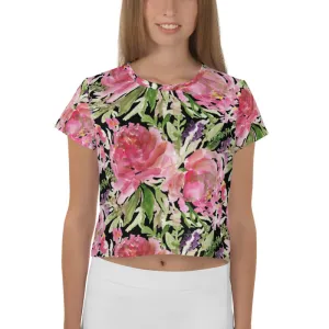 Black Rose Crop Tee, Floral Flower Print Women's Short Cute Crop T-shirt - Made in USA/EU