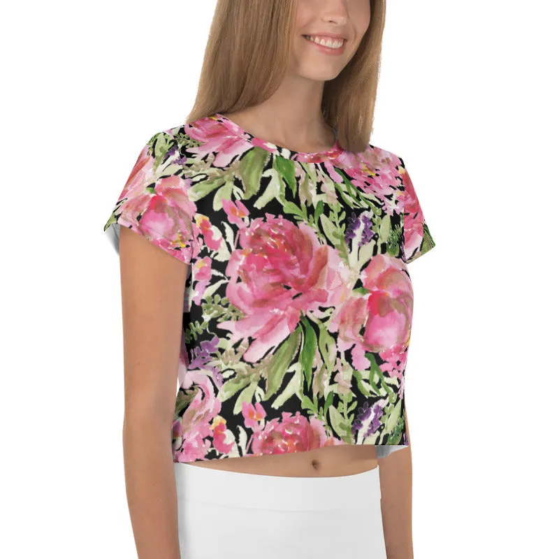 Black Rose Crop Tee, Floral Flower Print Women's Short Cute Crop T-shirt - Made in USA/EU