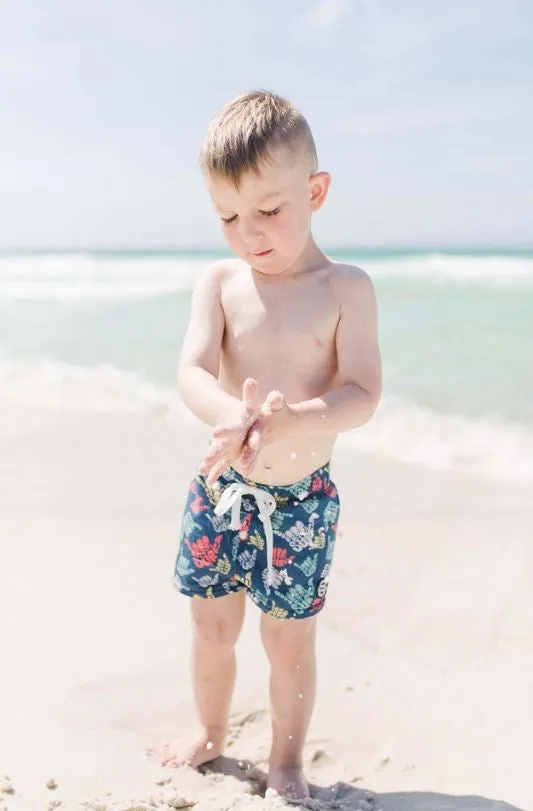 Boys Swim Trunks - Navy Blue Surf Rock Hands