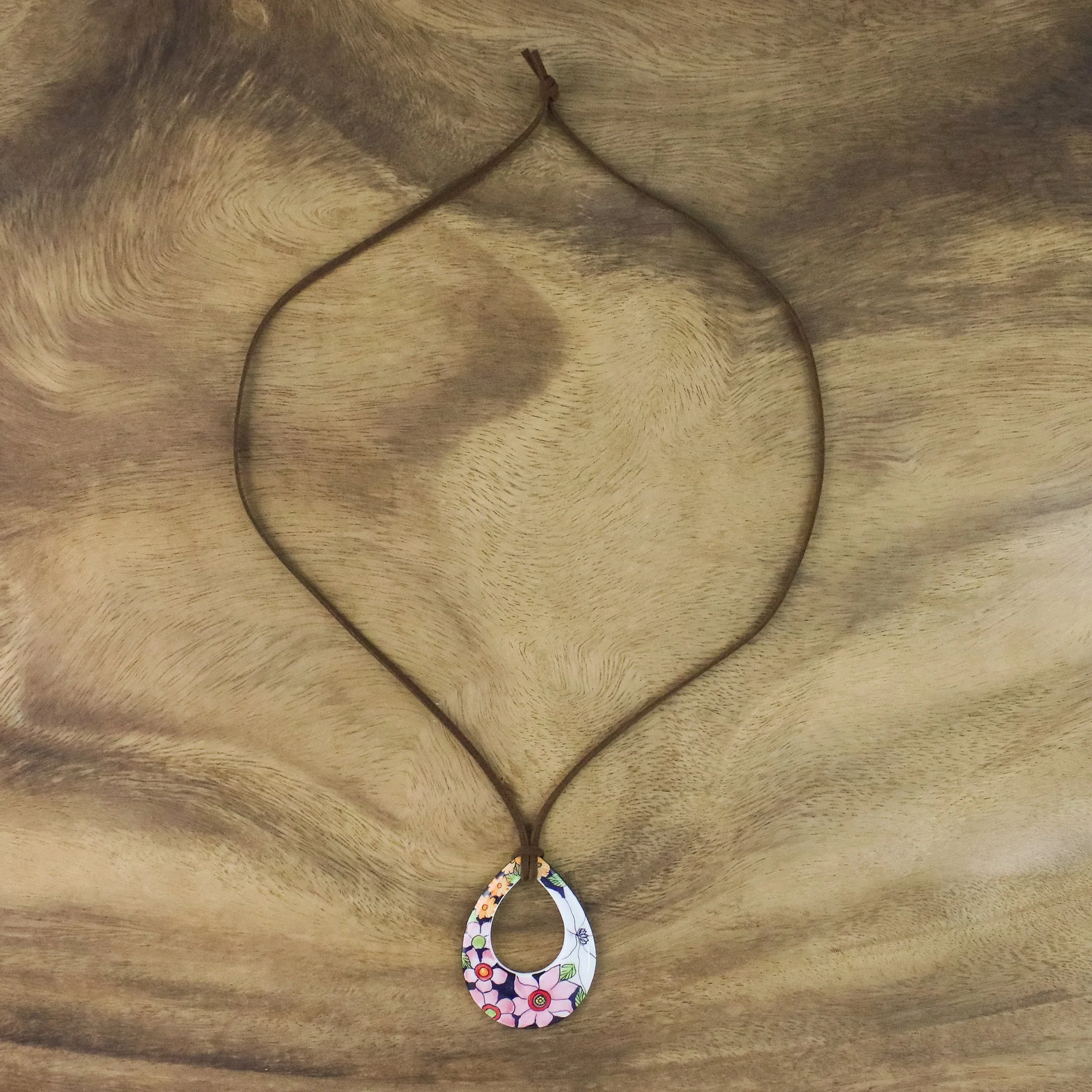 Bursting Blooms Ceramic Floral Pendant Necklace on a Faux Suede Cord