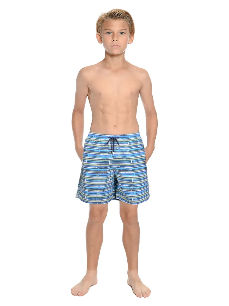 CKLS25 Boys Swim Trunks in a randomized palms print