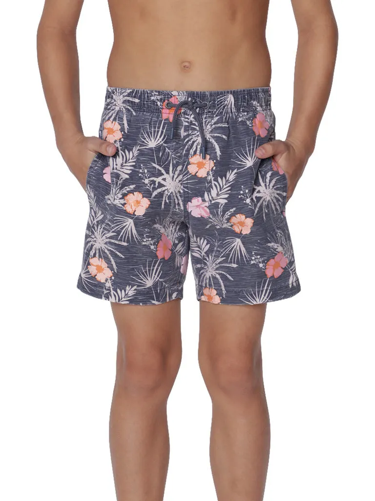 CKLS25 Boys Swim Trunks in a randomized palms print