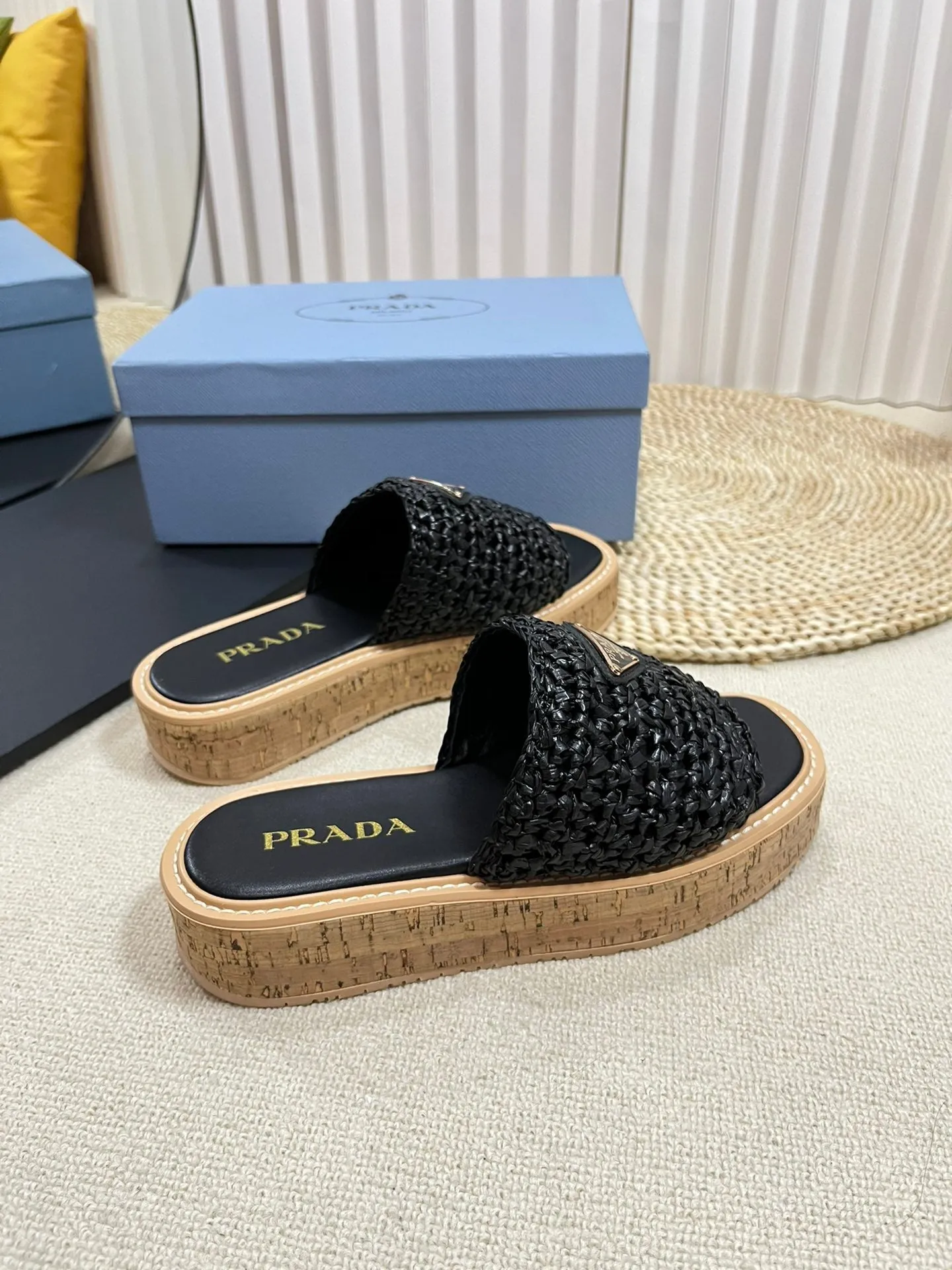 Crochet Flatform Slides 40 Lightweight Cork Sole Black