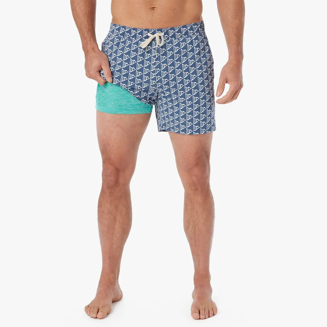 Fair Harbor Bungalow Swim Trunks in Navy Windy Flags