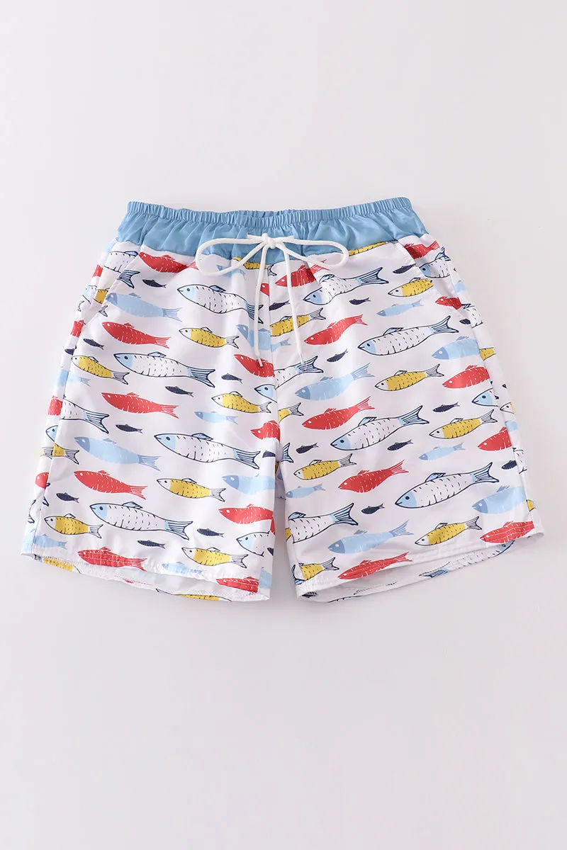 Fish print men swim trunks