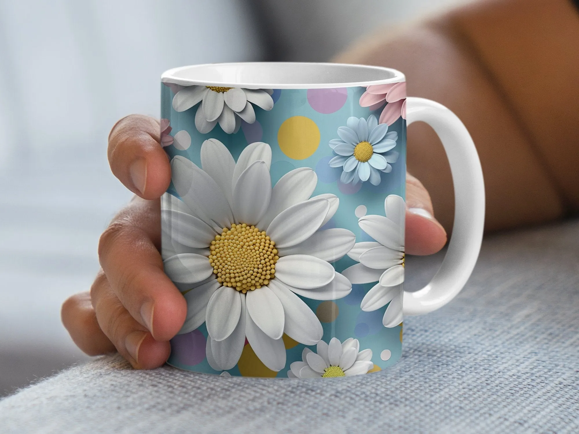 Floral Mug with Daisies, Colorful Spring Flower Coffee Cup, Cheerful Garden