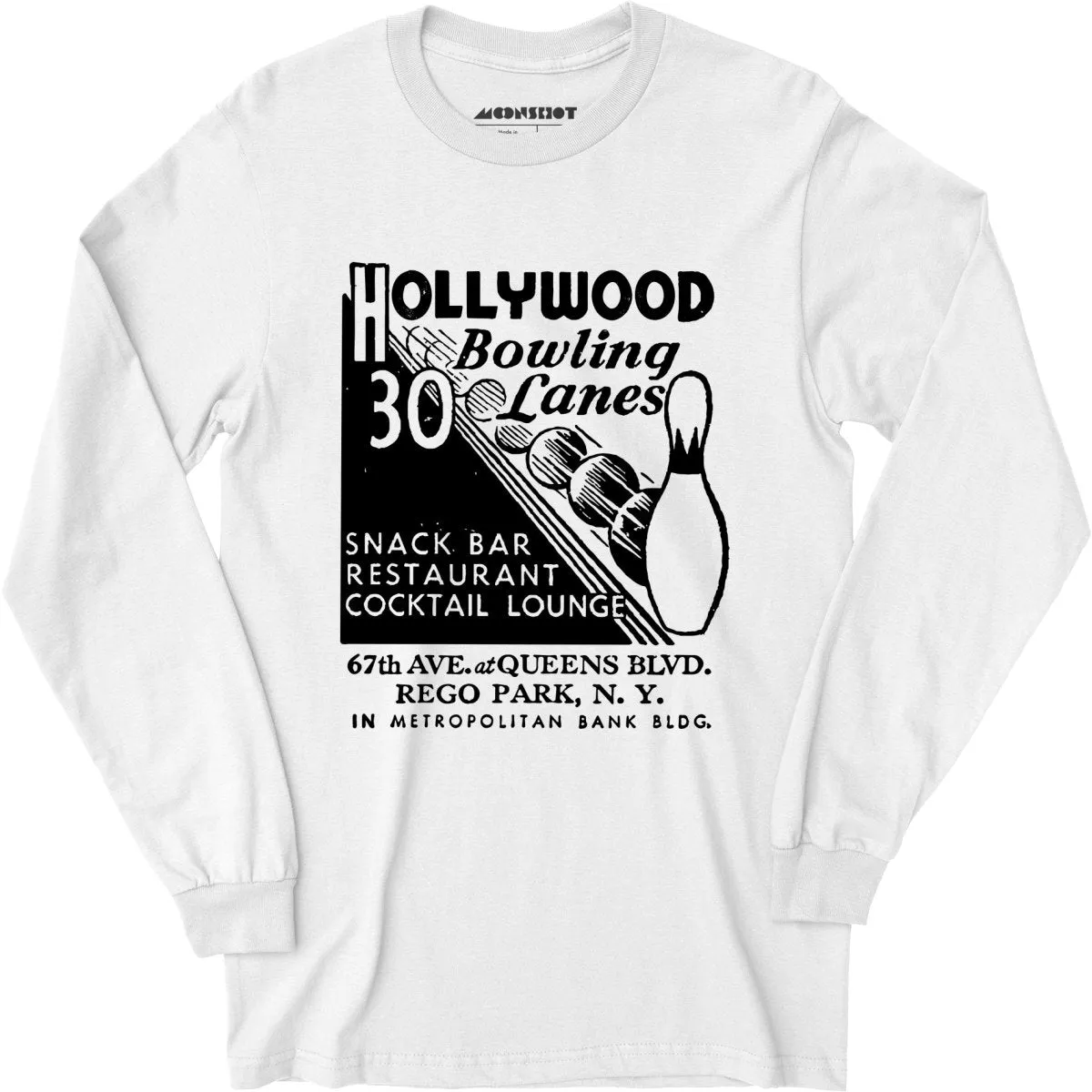 Hollywood Bowling Lanes - Rego Park, NY - Vintage Bowling Alley - Long Sleeve T-Shirt