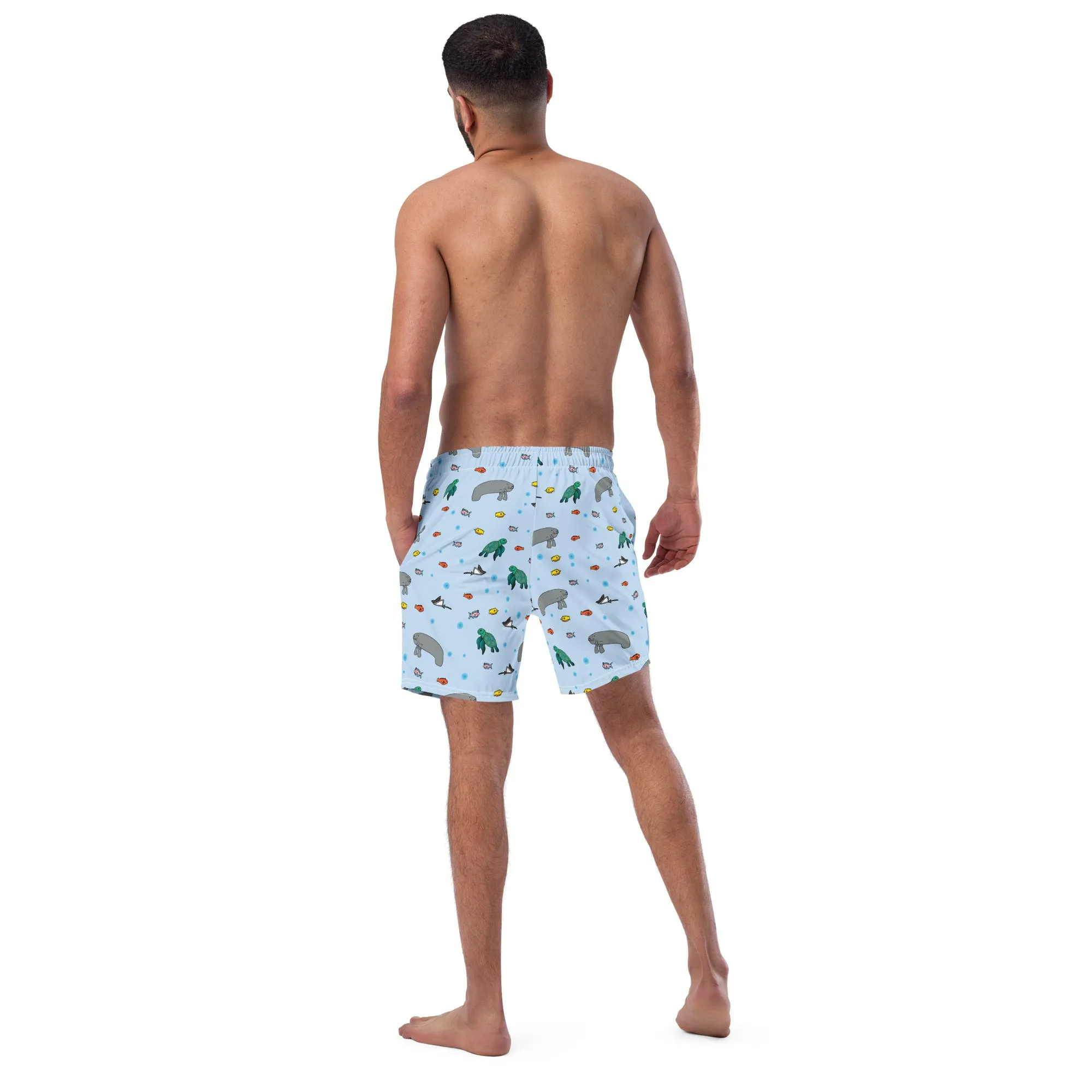 Men's Eco-Friendly Swim Trunks with Manatee and Turtle Print | Quick-Dry Fabric & UPF 50  Protection