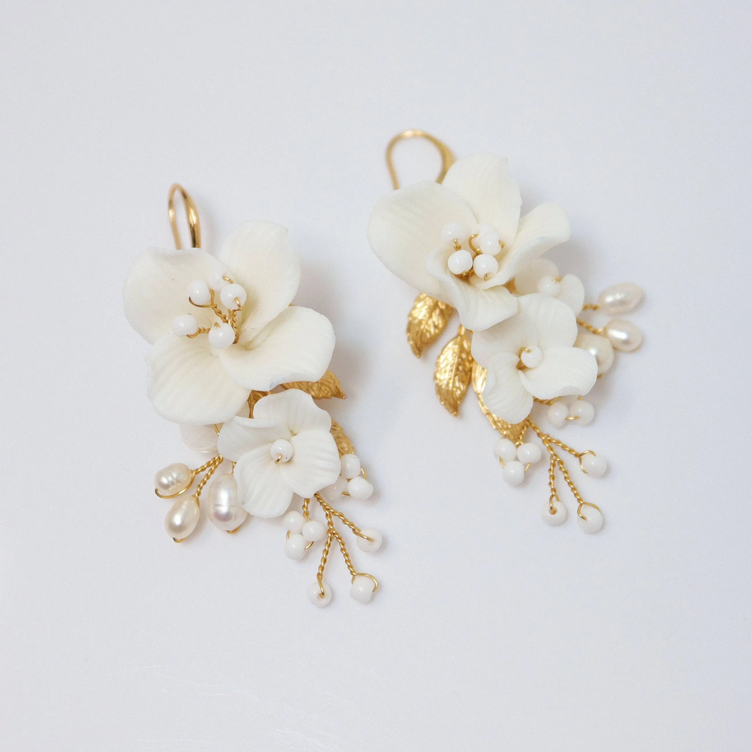 Natural Cultured Freshwater Pearl White Flower Earrings, Long Bridal Jewelry Crystal Bridal Earrings Statement Earrings