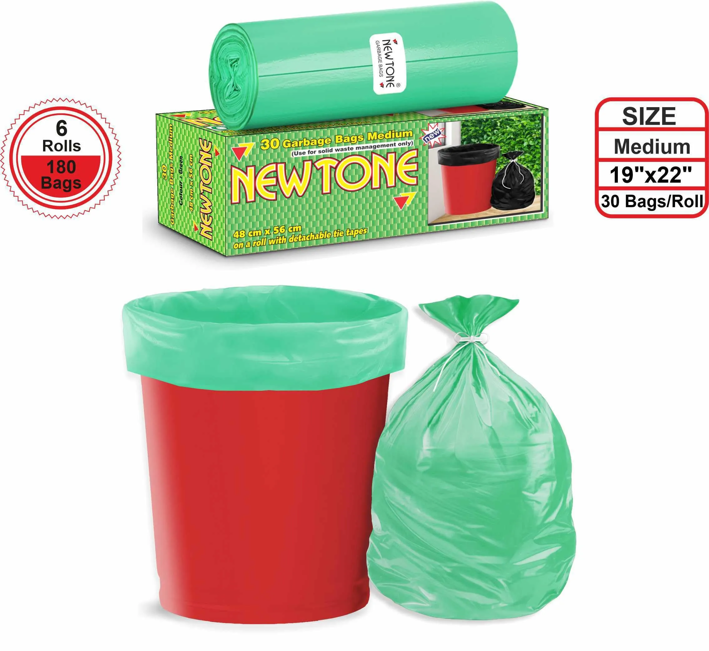 Newtone Premium Garbage Bags Size 19 X 21 Inches (Medium) 180 Bags (6 Rolls) Dustbin Bag/Trash Bag - Green Color