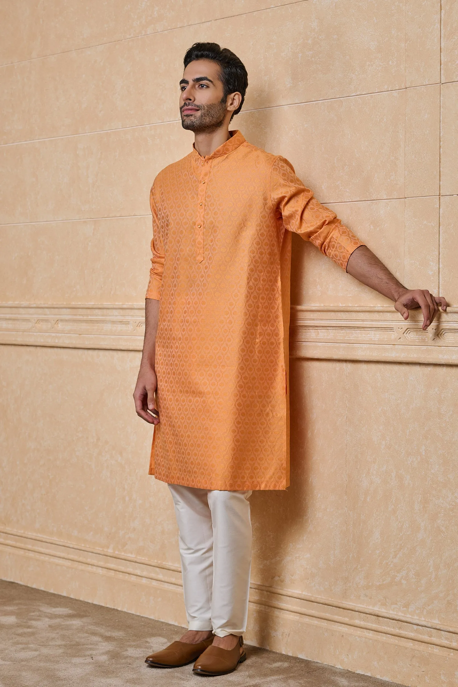 Orange Floral Pattern Jacquard Kurta Set