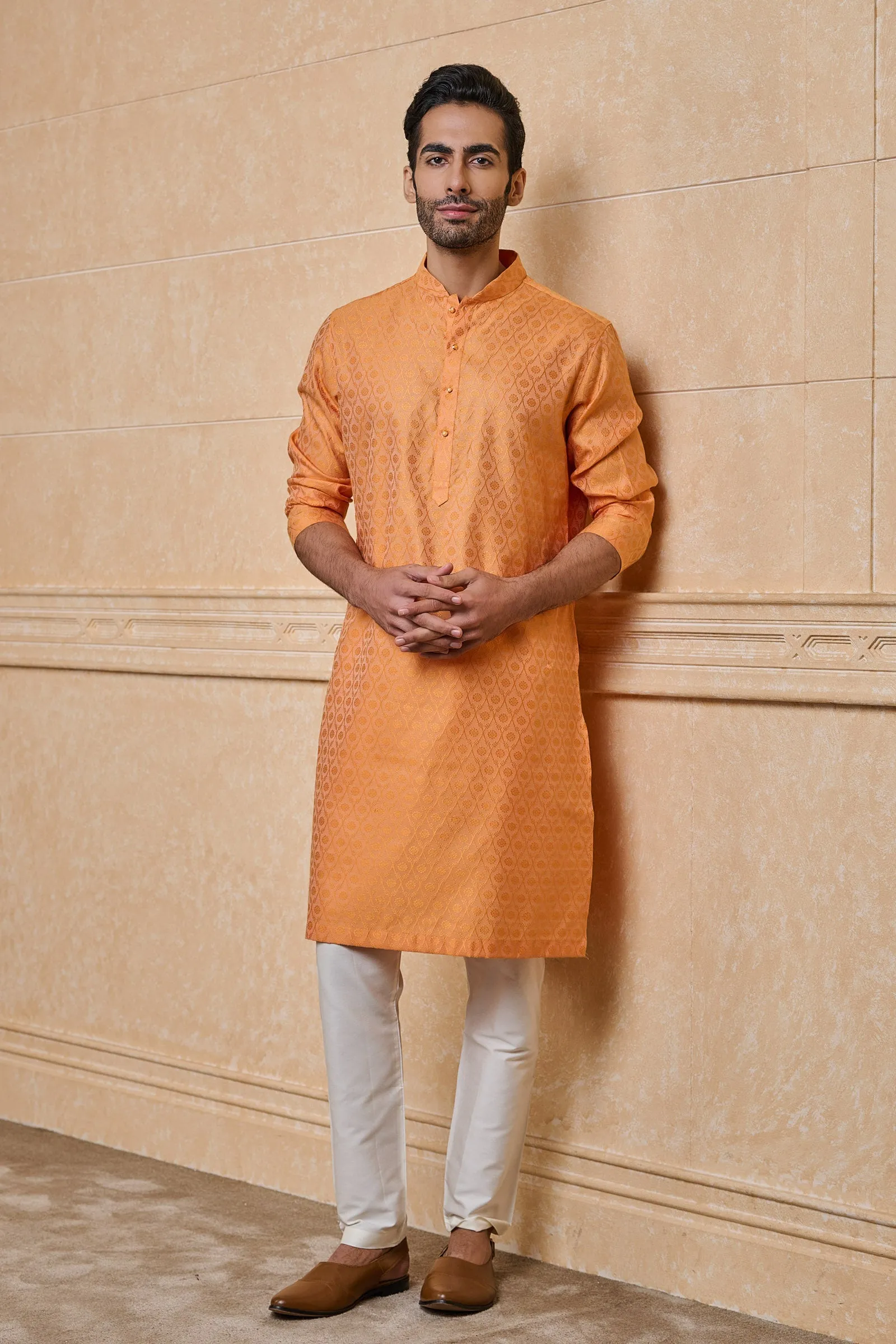 Orange Floral Pattern Jacquard Kurta Set