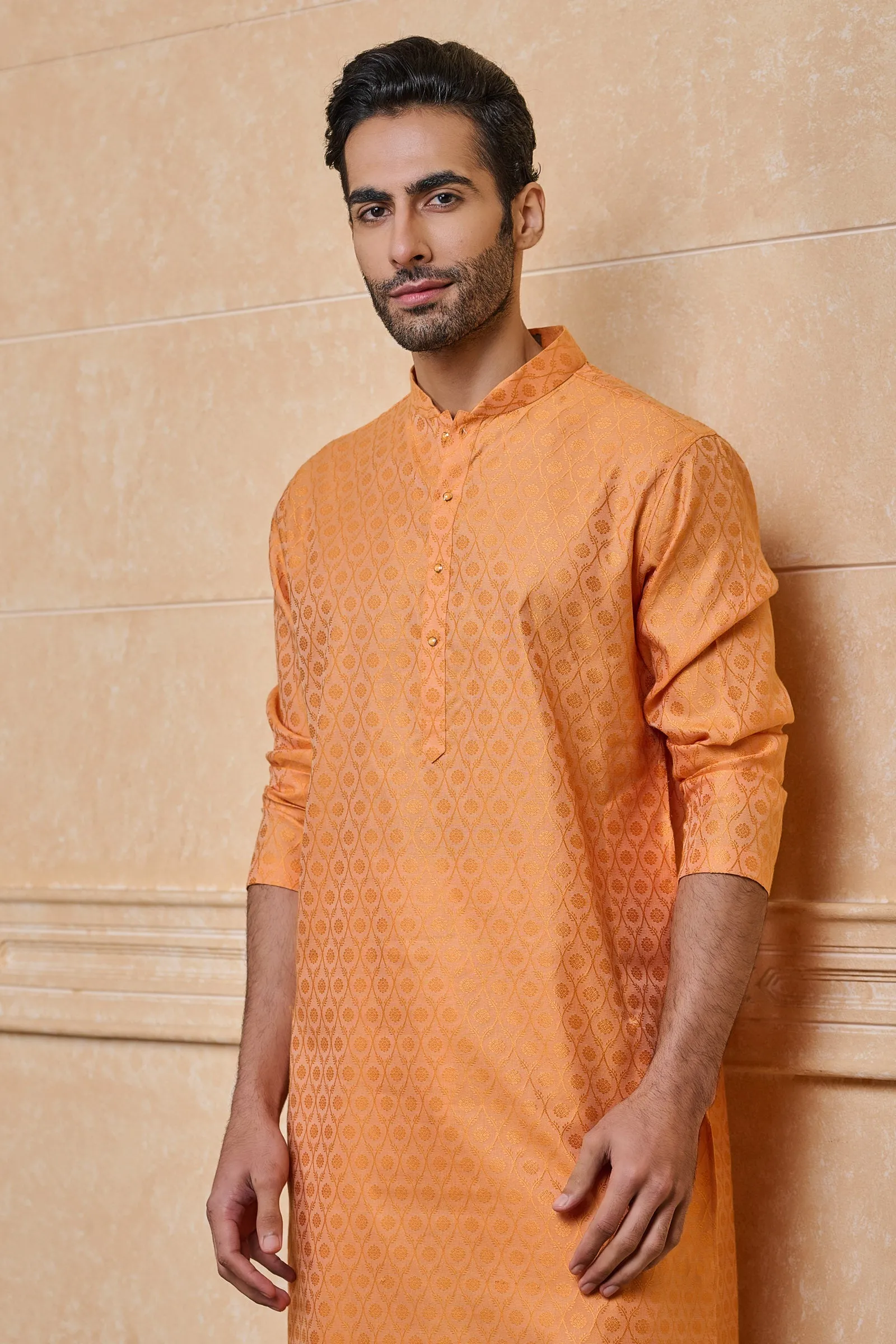 Orange Floral Pattern Jacquard Kurta Set