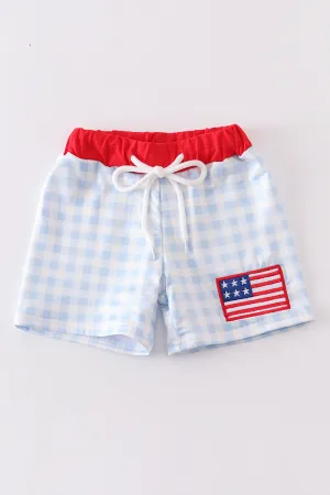 Patriotic plaid flag embroidery boy swim trunks