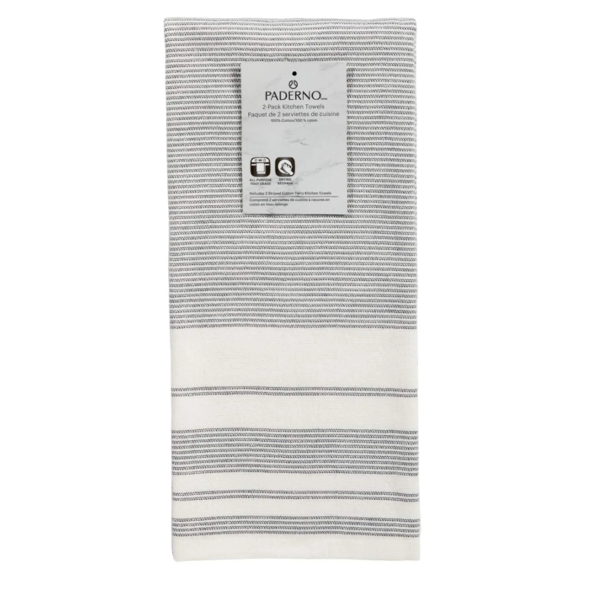 Striped Flatweave Cotton Terry Kitchen Towels, 2-Pack, Grey