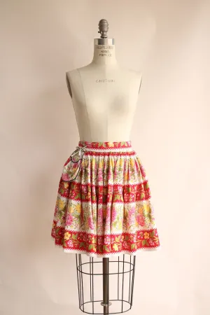 Vintage 1960s Pink and Yellow Rose Floral Print Cotton Half Apron with Pocket