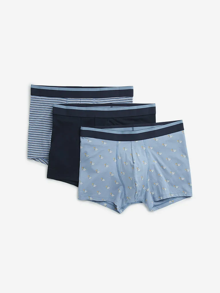 WES Lounge Blue Solid Cotton Blend Trunks - Pack of 3