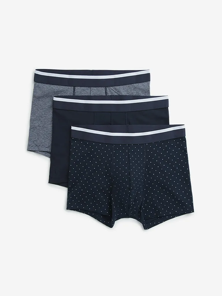 WES Lounge Navy Cotton Blend Trunks - Pack of 3