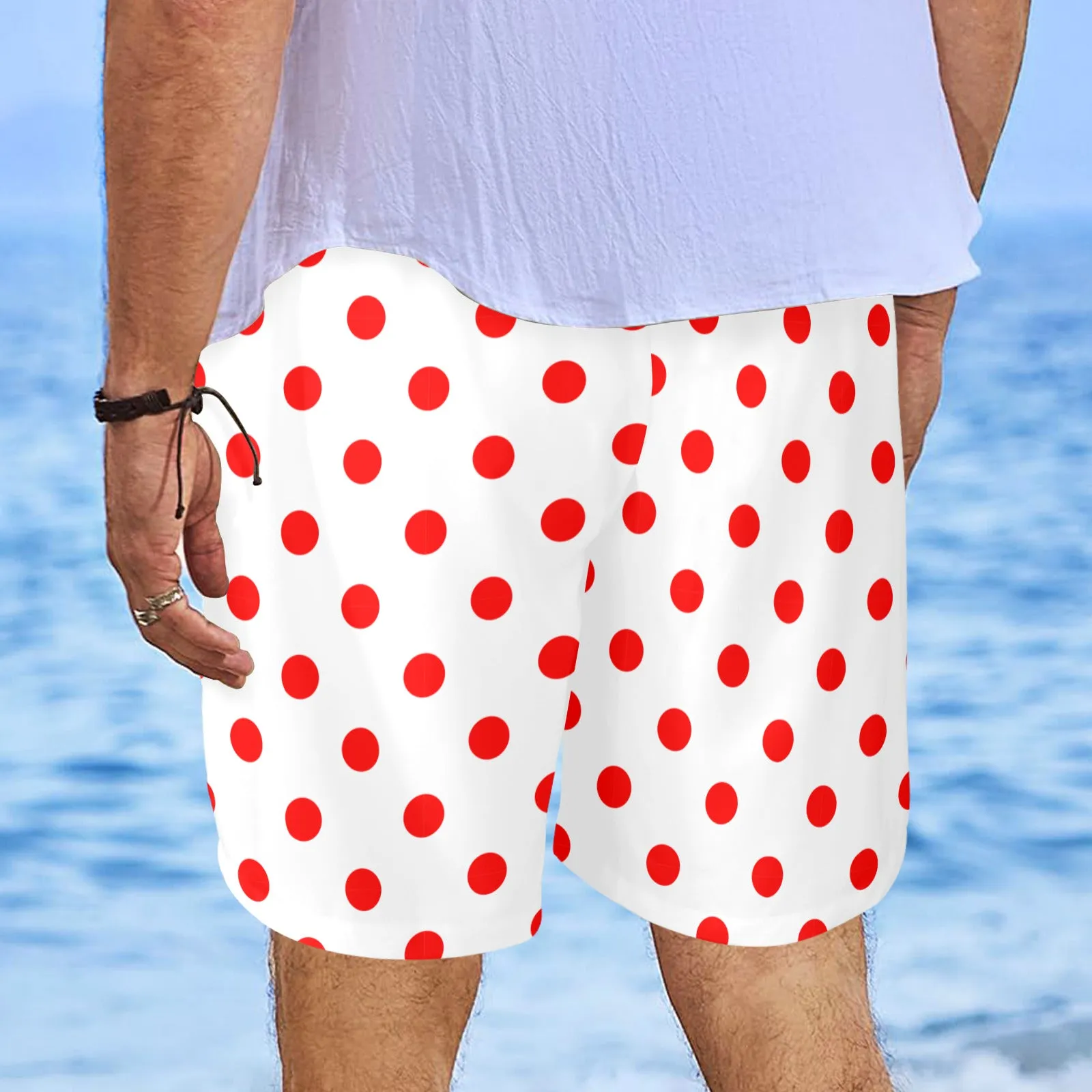 White With Red Polka Dots Men's Swim Trunks Swimsuit