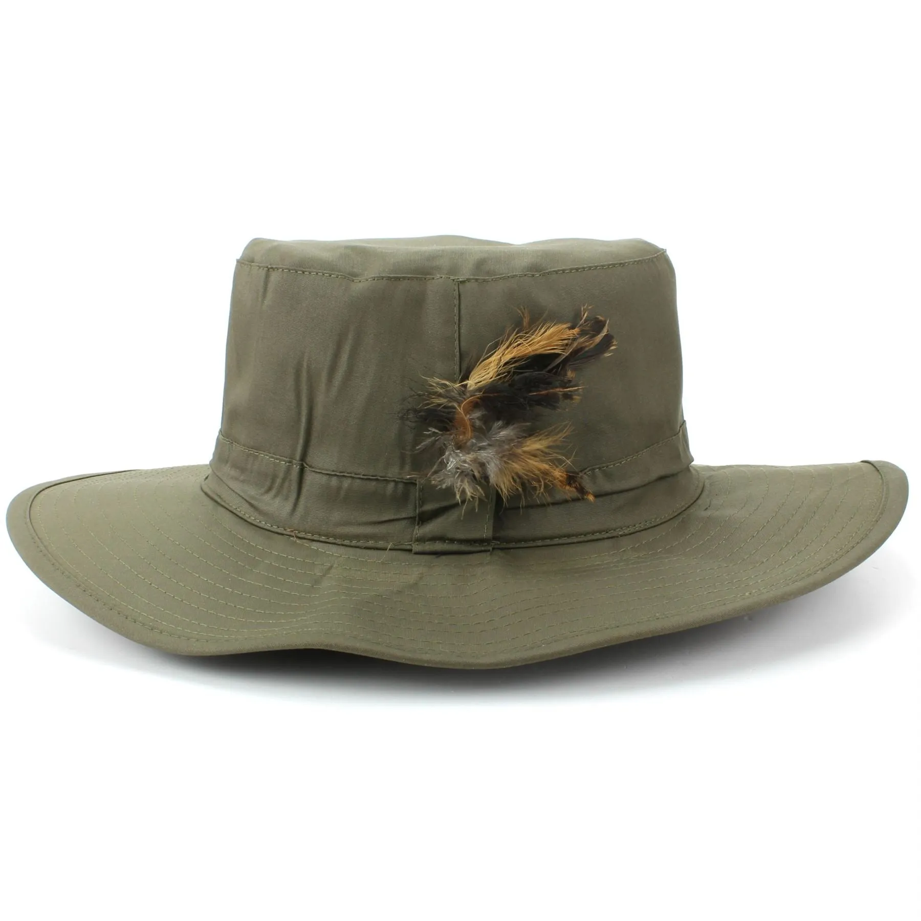 Wide Brim Outback Style Cotton Bush Hat with Feather - Green