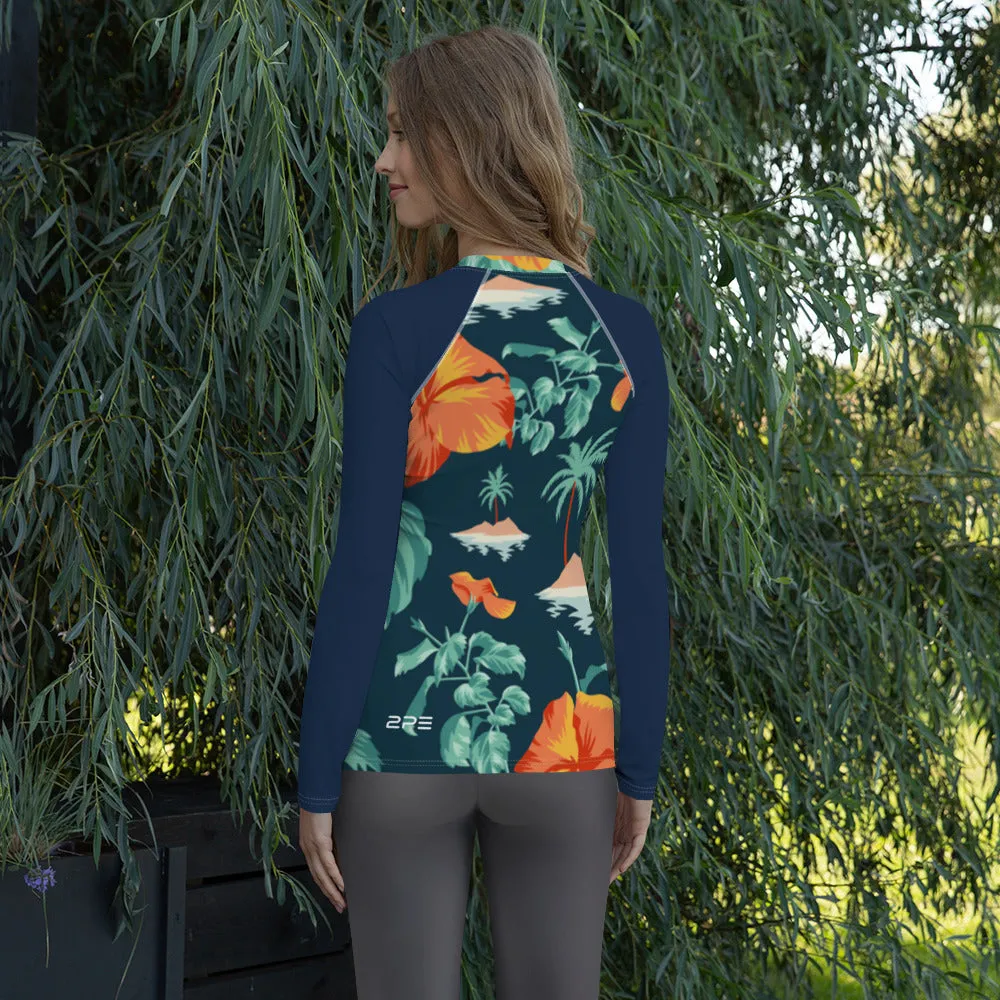 Women's Blue Orange Floral  Rash Guard