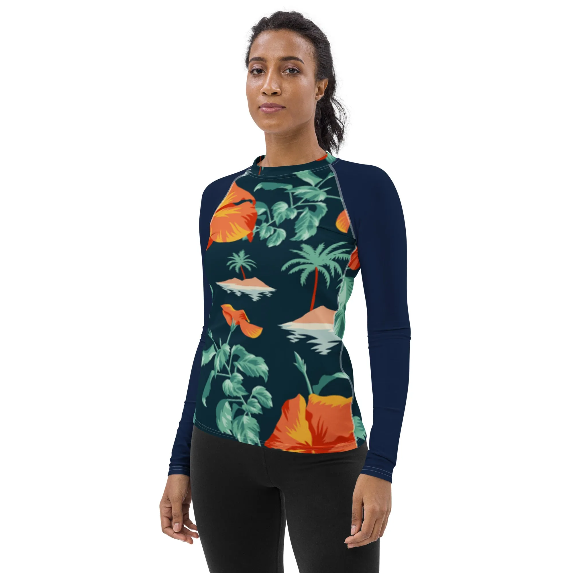 Women's Blue Orange Floral  Rash Guard