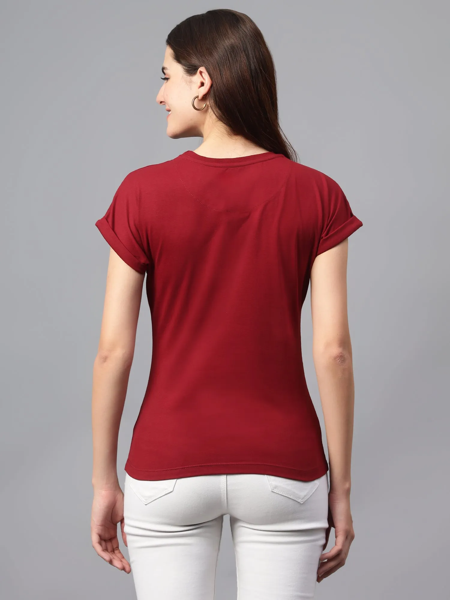 Women's Casual Regular Short Sleeve Maroon Round neck Applique & Print T-Shirt