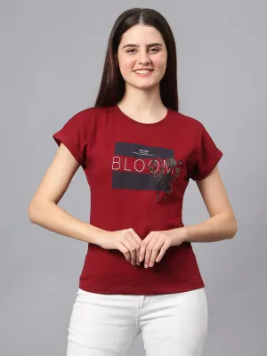 Women's Casual Regular Short Sleeve Maroon Round neck Applique & Print T-Shirt