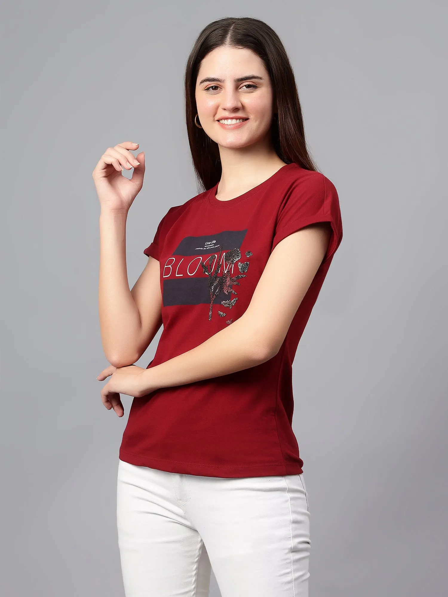 Women's Casual Regular Short Sleeve Maroon Round neck Applique & Print T-Shirt